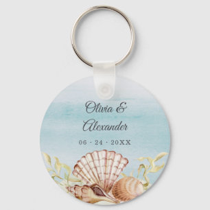 Beach Ocean Watercolor Seashells Wedding Favour Key Ring