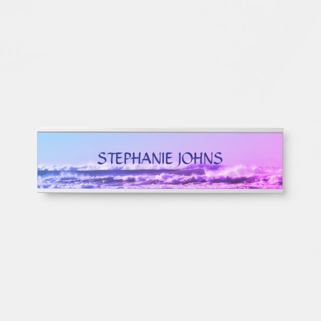 Beach Ocean Wave Monogrammed Name Water Pink Ombre Door Sign (Front)