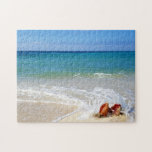 Beach Ocean Wave over Conch Seashells Jigsaw Puzzle<br><div class="desc">Beautiful, scenic photo of a tropical beach and aqua blue ocean waters with a wave crashing over two conch seashells. Replace the photo with one of your own, if desired. PHOTO TIP: If using your own photo, for fastest/best results, choose a photo with the subject in the middle and it...</div>