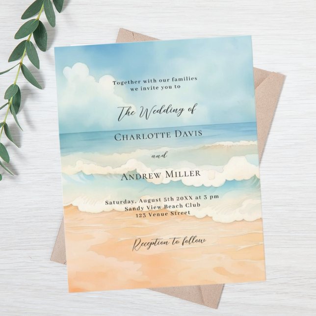 Beach ocean waves blue beige wedding invitation (Creator Uploaded)