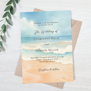 Beach ocean waves blue beige wedding invitation
