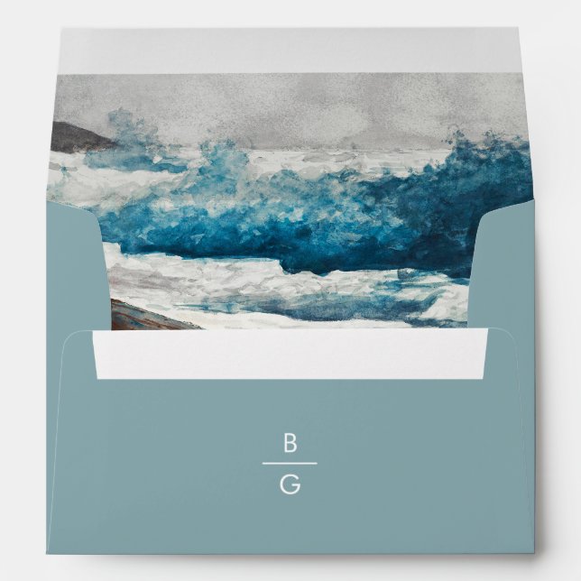 Beach Ocean Waves Monogram 5x7 Wedding Invitation Envelope (Back (Bottom))