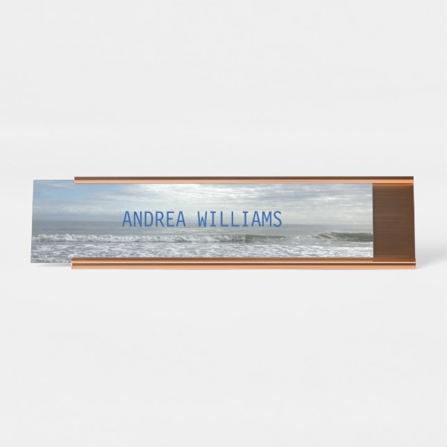 Beach Ocean Waves Monogram Name Blue Grey Desk Name Plate (Front)