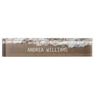 Beach Ocean Waves Monogram Name White Brown Sandy Nameplate