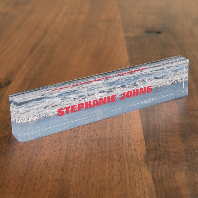 Beach Ocean Waves Monogrammed Name Red Blue Nameplate (Side)