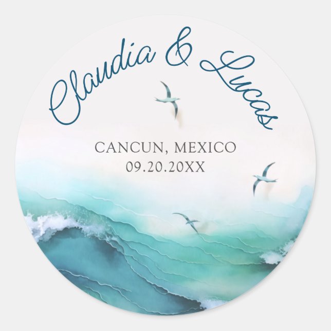 Beach Ocean Waves Wedding Classic Round Sticker (Front)