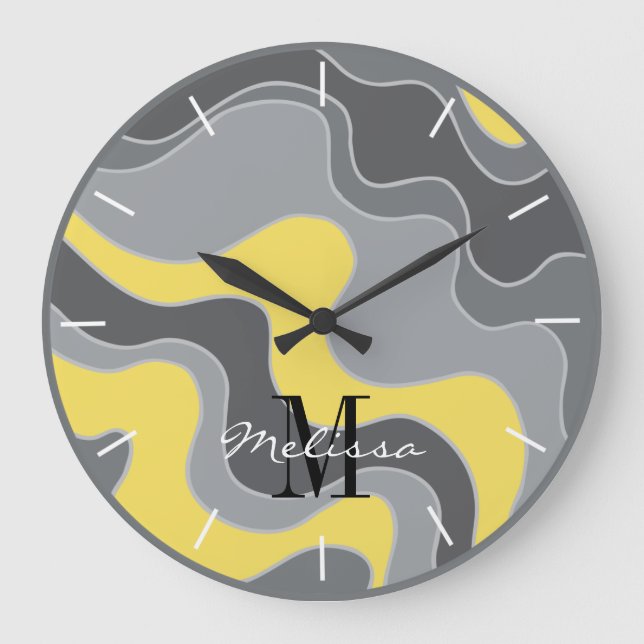 Beach Ocean Waves Yellow and Grey Monogram Large Clock (Front)