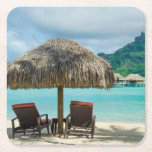 Beach on Bora Bora coaster<br><div class="desc">Coaster with a thatched parasol and two sunlounger chairs on a white sand beach in a luxury overwater bungalow resort in the clear blue lagoon of the pacific island of Bora Bora,  near Tahiti in French Polynesia.</div>