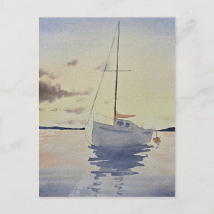 Beach painting with a boat Watercolor Postcard