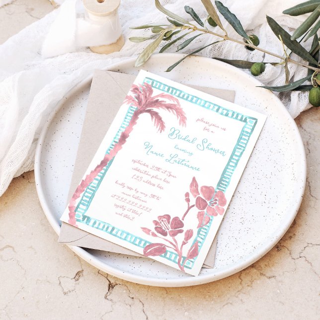 Beach Palm Hibiscus Hand Painted Bridal Shower Invitation (Creator Uploaded)