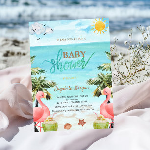 Beach Palm Pink Flamingos Cocktail Baby Shower  Invitation