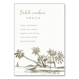 Beach Palm Sketch Pale Gold Wedding Seating Chart Table Number