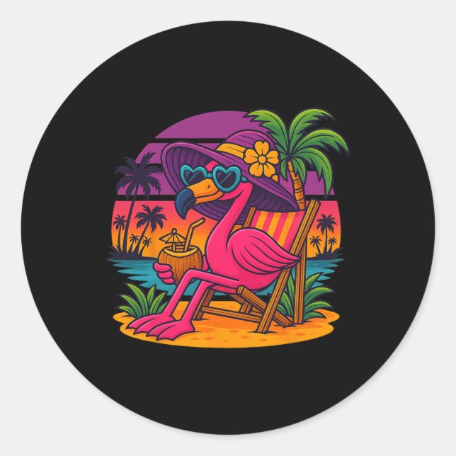 Beach Palm Summer Sunset Vacation Funny Flamingo  Classic Round Sticker (Front)
