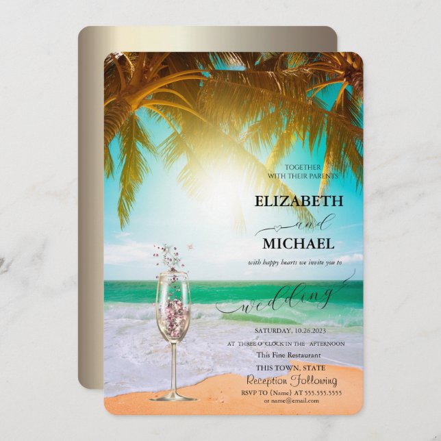 Beach,Palm,Sun,String Lights,Glass Script Wedding Invitation (Front/Back)