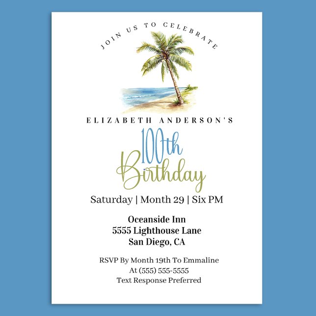 Beach Palm Tree 100th Birthday Invitation (Tropical beach palm tree 100th birthday invitation)