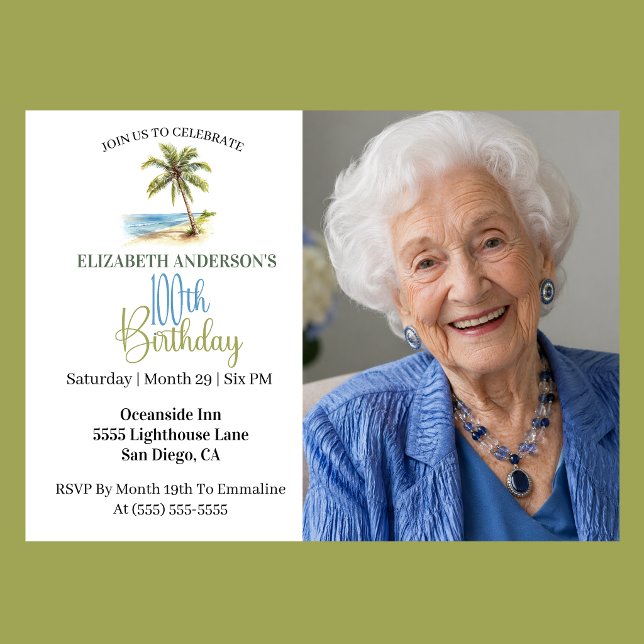 Beach Palm Tree 100th Birthday Photo Invitation (Elegant coastal 100th birthday photo invitation with tropical palm tree beach design )