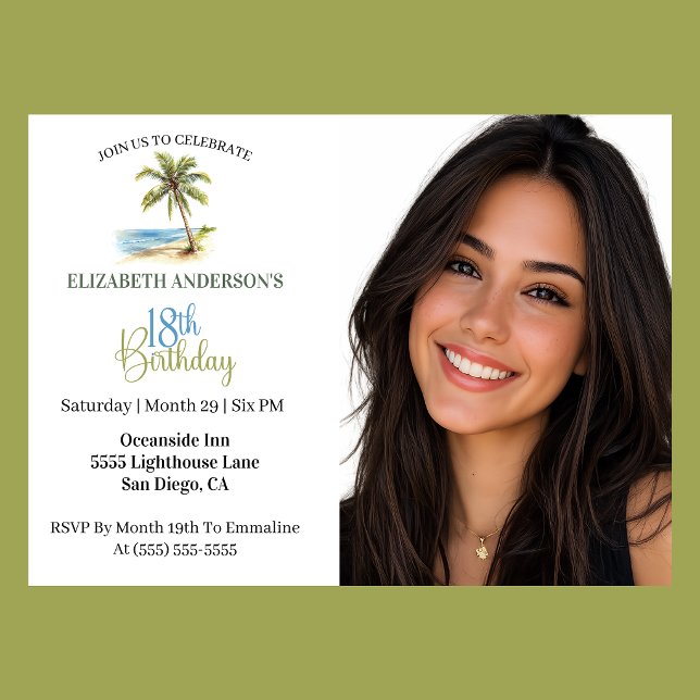 Beach Palm Tree 18th Birthday Photo Invitation (Tropical beach palm tree 18th birthday photo invitation for woman coastal party
)