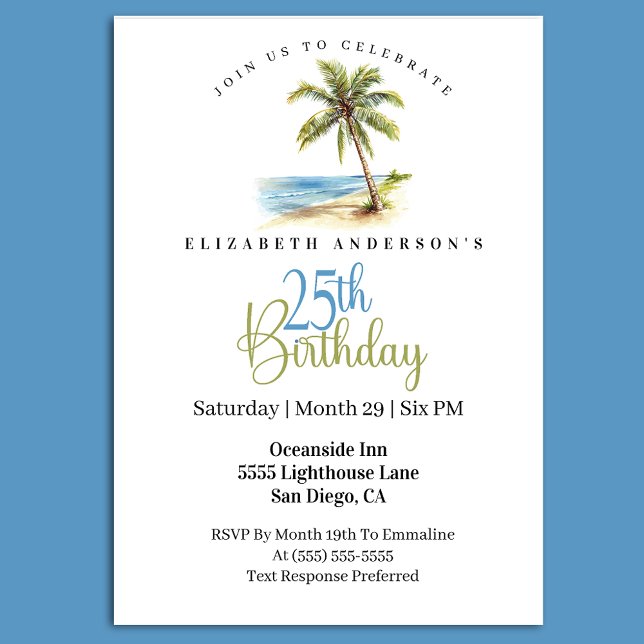 Beach Palm Tree 25th Birthday Invitation (Tropical beach 25th birthday invitation with palm tree ocean watercolor design)