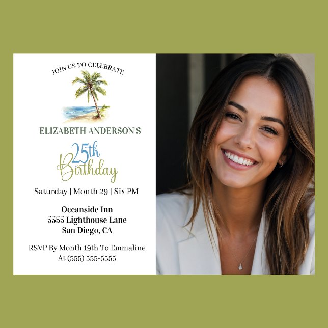 Beach Palm Tree 25th Birthday Photo Invitation (Tropical beach palm tree 25th birthday photo invitation for woman coastal party
)