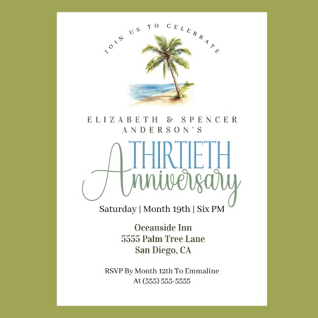 Beach Palm Tree 30th Wedding Anniversary Invitation (Tropical beach palm tree 30th wedding anniversary invitation coastal seaside celebration
)