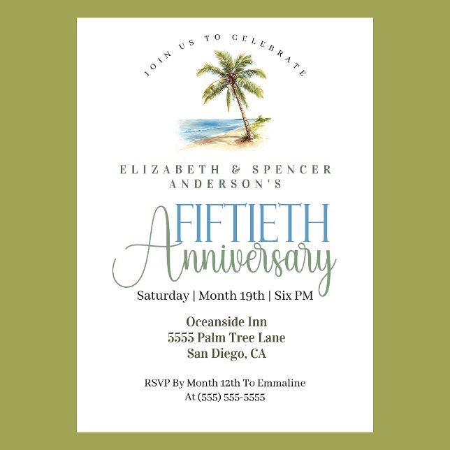 Beach Palm Tree 50th Wedding Anniversary Invitation (Tropical beach palm tree 50th wedding anniversary invitation coastal seaside theme
)