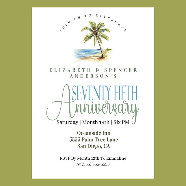 Beach Palm Tree 75th Wedding Anniversary Invitation (Tropical beach palm tree 75th wedding anniversary invitation coastal seaside theme
)