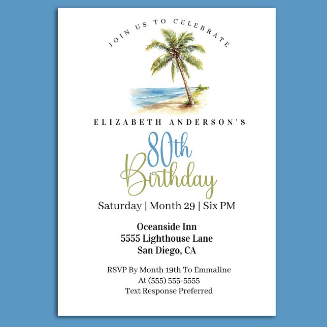 Beach Palm Tree 80th Birthday Invitation (Elegant tropical beach palm tree 80th birthday invitation with coastal ocean theme )