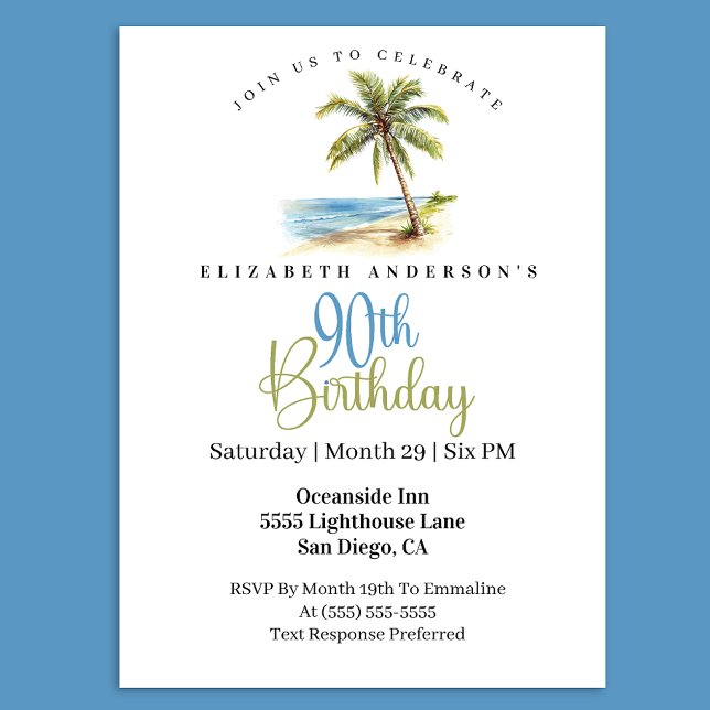 Beach Palm Tree 90th Birthday Invitation (Tropical beach palm tree 90th birthday invitation with a coastal ocean theme )