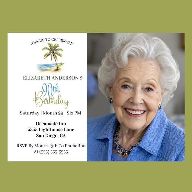 Beach Palm Tree 90th Birthday Photo Invitation (Elegant coastal 90th birthday photo invitation with tropical palm tree beach design and ocean theme )