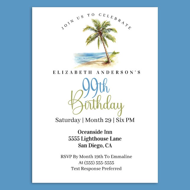 Beach Palm Tree 99th Birthday Invitation (Tropical beach palm tree 99th birthday invitation)