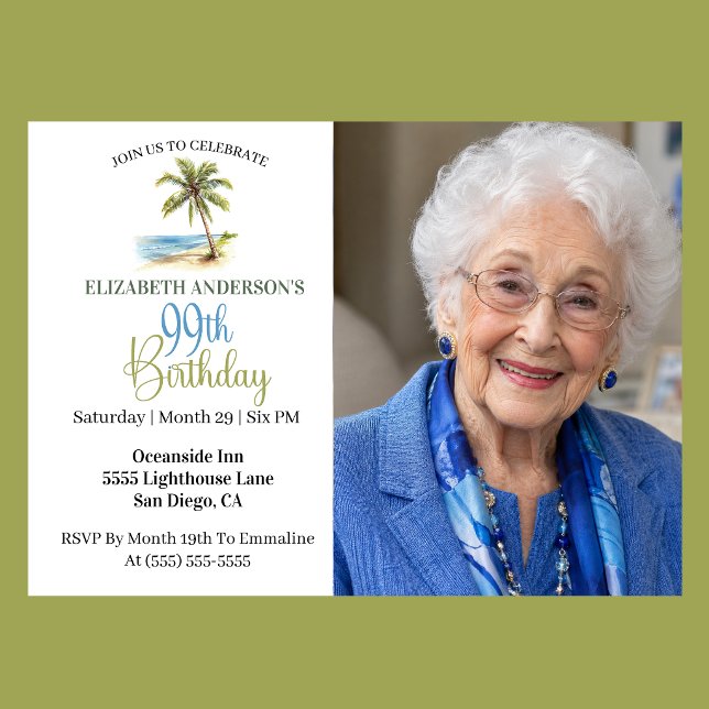 Beach Palm Tree 99th Birthday Photo Invitation (Elegant coastal 99th birthday photo invitation with tropical palm tree beach design and ocean theme )