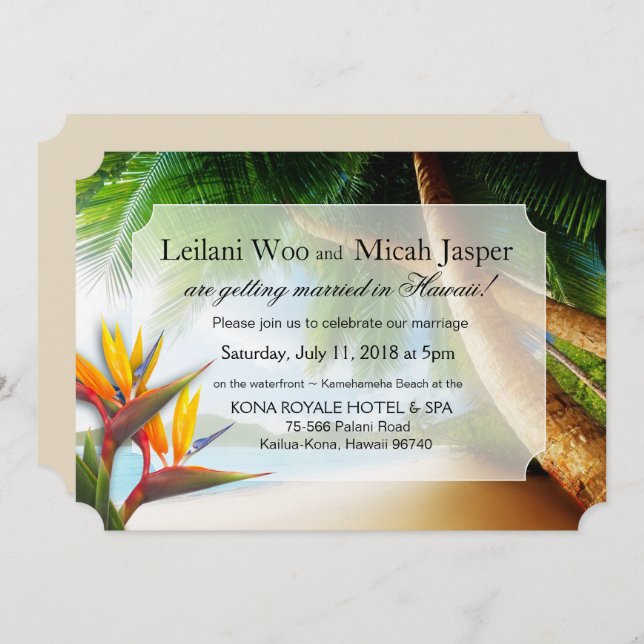 Beach Palm Tree Bird of Paradise Wedding Invitation (Front/Back)