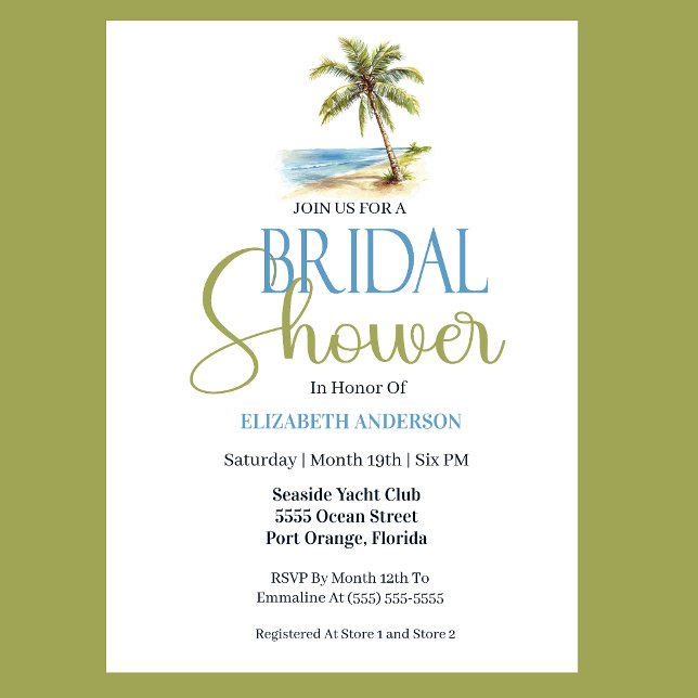 Beach Palm Tree Bridal Shower Invitation (Tropical beach bridal shower invitation with palm tree watercolor and coastal seaside theme in blue )