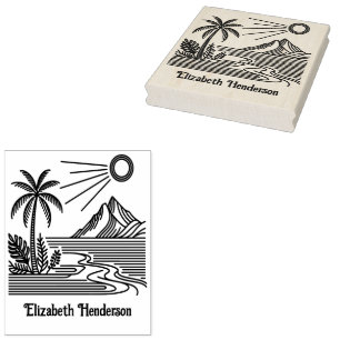 Beach Palm Tree Mountain SQ Library Book Name Rubber Stamp