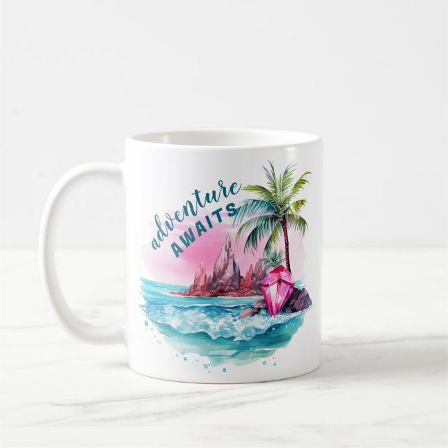 Beach Palm Tree Mountain View Adventure Awaits Coffee Mug (Left)