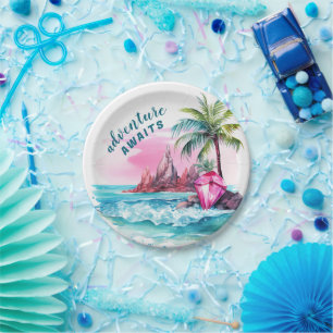 Beach Palm Tree Mountain View Adventure Awaits Paper Plate