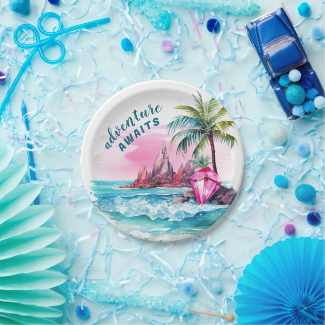 Beach Palm Tree Mountain View Adventure Awaits Paper Plate (Party)