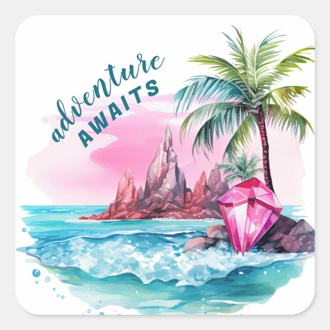 Beach Palm Tree Mountain View Adventure Awaits Square Sticker (Front)