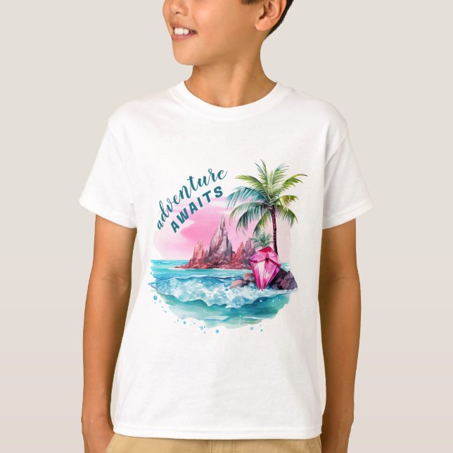 Beach Palm Tree Mountain View Adventure Awaits T-Shirt (Front)