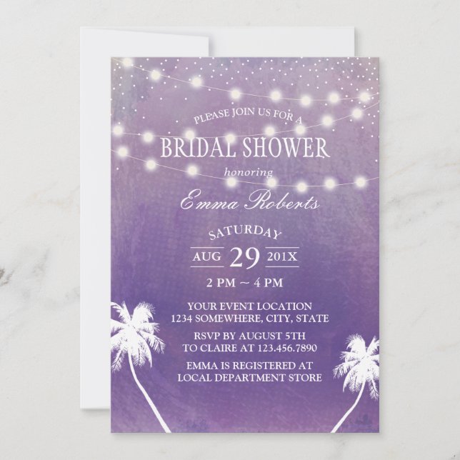 Beach Palm Tree Purple Watercolor Bridal Shower Invitation (Front)