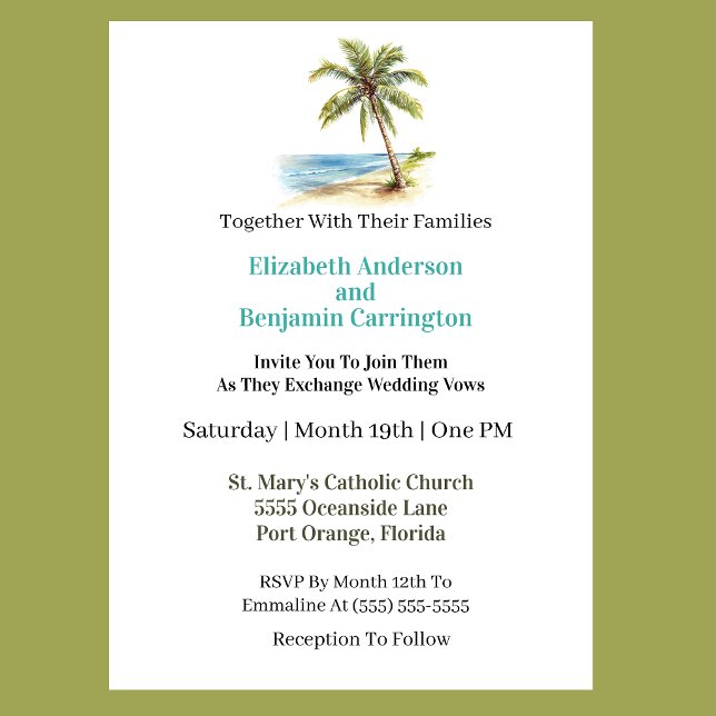 Beach Palm Tree Wedding Invitation (Tropical beach wedding invitation featuring a watercolor palm tree, ocean shoreline, elegant teal ty)