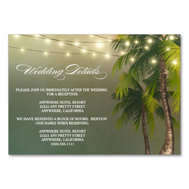 Beach Palm Tree Wedding Reception + Hotel Cards (Front)