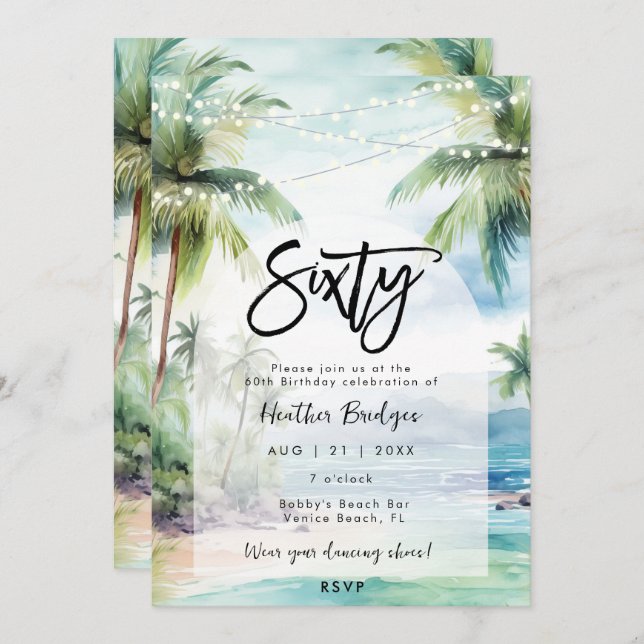 beach palm trees 60th birthday party invitation (Front/Back)