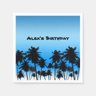 Beach Palm Trees Black & Blue Birthday Party Napkin