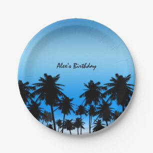 Beach Palm Trees Black & Blue Birthday Party Paper Plate