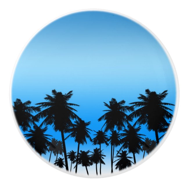 Beach Palm Trees Black & Blue Tropical Ceramic Knob (Front)