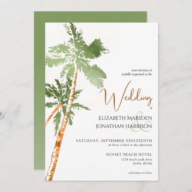 Beach Palm Trees Green Copper Elegant Destination Invitation (Front/Back)