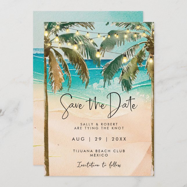beach palm trees lights save the date card (Front/Back)