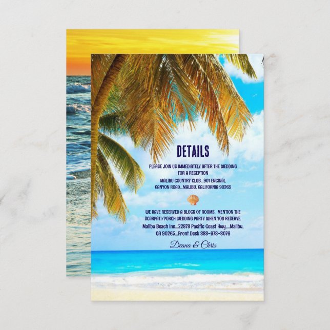 Beach Palm Trees Ocean Destination Wedding Enclosure Card (Front/Back)