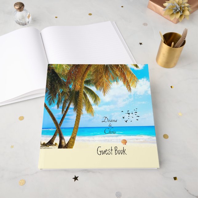 Beach, Palm Trees, Ocean Wedding Guest Book (Front Open)